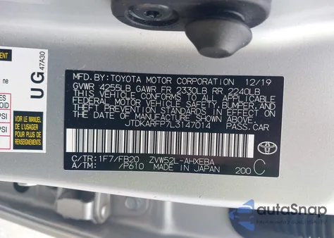 2020 Toyota Prius Prime Le from USA, damaged, VIN JTDKARFP7L3147014